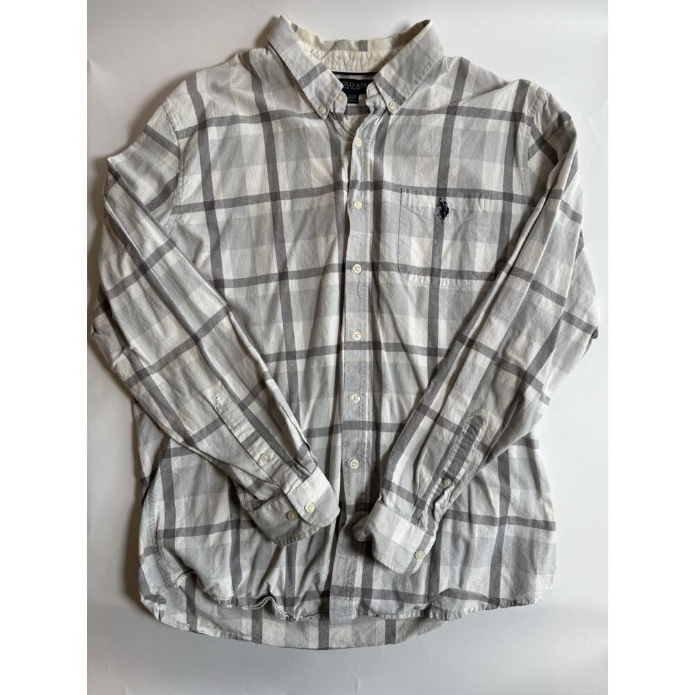 U.S. Polo Assn. Men's White/Gray Plaid Button-Up Shirt Long Sleeve Pockets XL